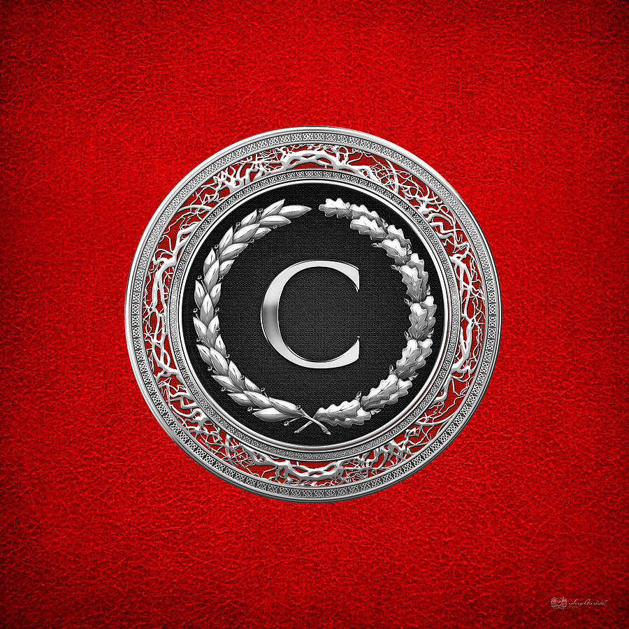 C - Silver Vintage Monogram on Red Leather Digital Art by Serge Averbukh