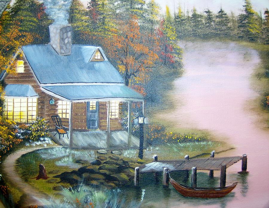 Cabin at the Lake Painting by Debra Campbell