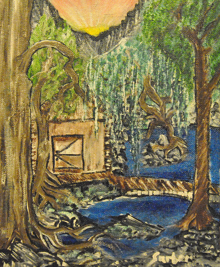 Cabin  by Lake Painting by Suzanne Surber