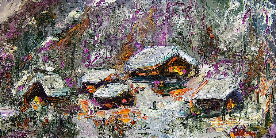 Cabins in the Snow Modern Expressionism Painting by Ginette Callaway
