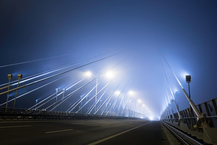Cable-stayed Bridge At Foggy Night Photograph by Republica