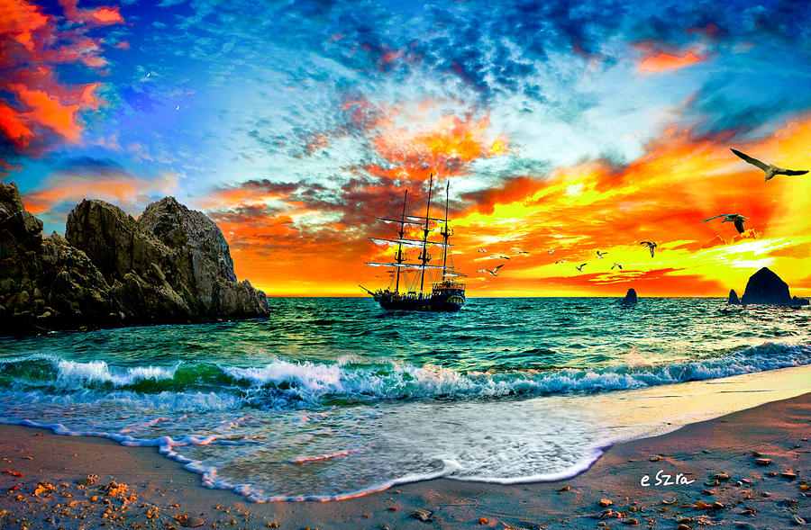 Fantasy Photograph - Cabo San Lucas-Fantasy Pirate Ship-Sailing sunset by Eszra Tanner
