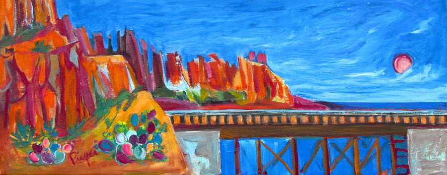 Cacti with Red Rocks and RR Trestle Painting by Betty Pieper