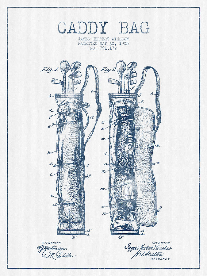 Caddy Bag Patent Drawing From 1905 - Blue Ink Digital Art