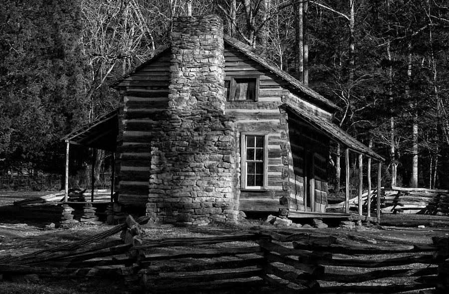 Cades Cove Olivers Cabin in Black and White Photograph by Greg and Chrystal Mimbs