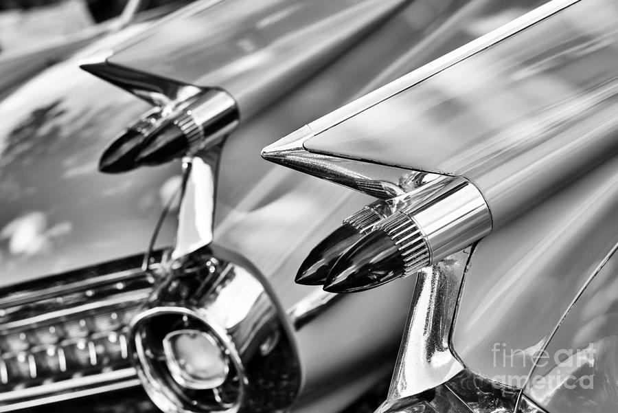 Car Photograph - Cadillac Bullet Tail lights Monochrome by Tim Gainey
