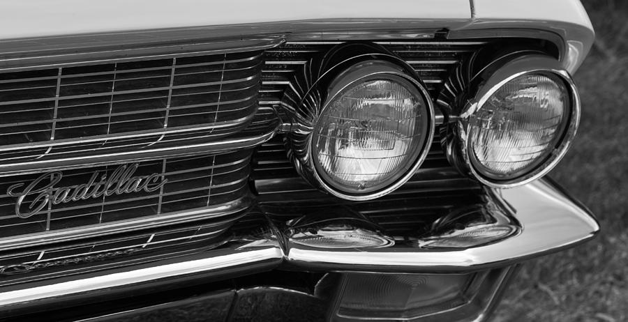 Cadillac grill and lights B/W Photograph by Mick Flynn