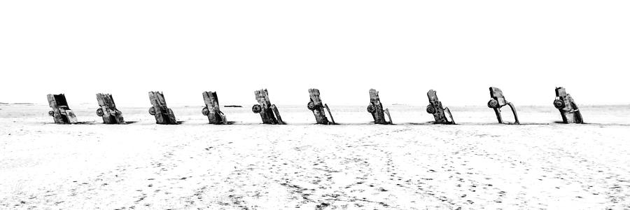 Cadillac Ranch Whiteout 001 BW Photograph by Lance Vaughn