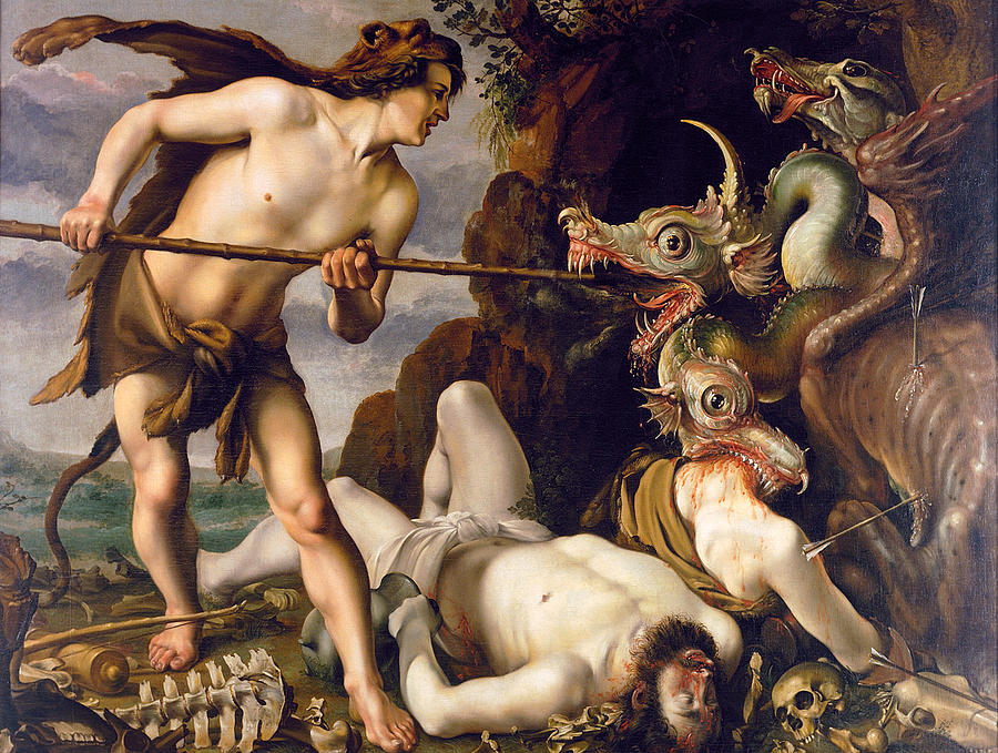Hendrik Goltzius Painting - Cadmus slays the dragon by Hendrik Goltzius