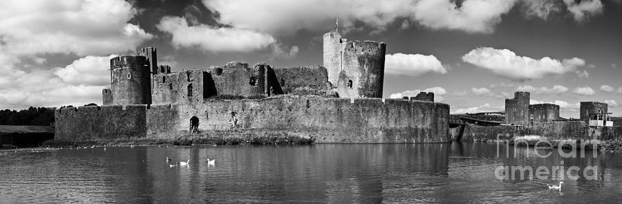 Caerphilly Castle Panorama Monochrome Photograph by Steve Purnell