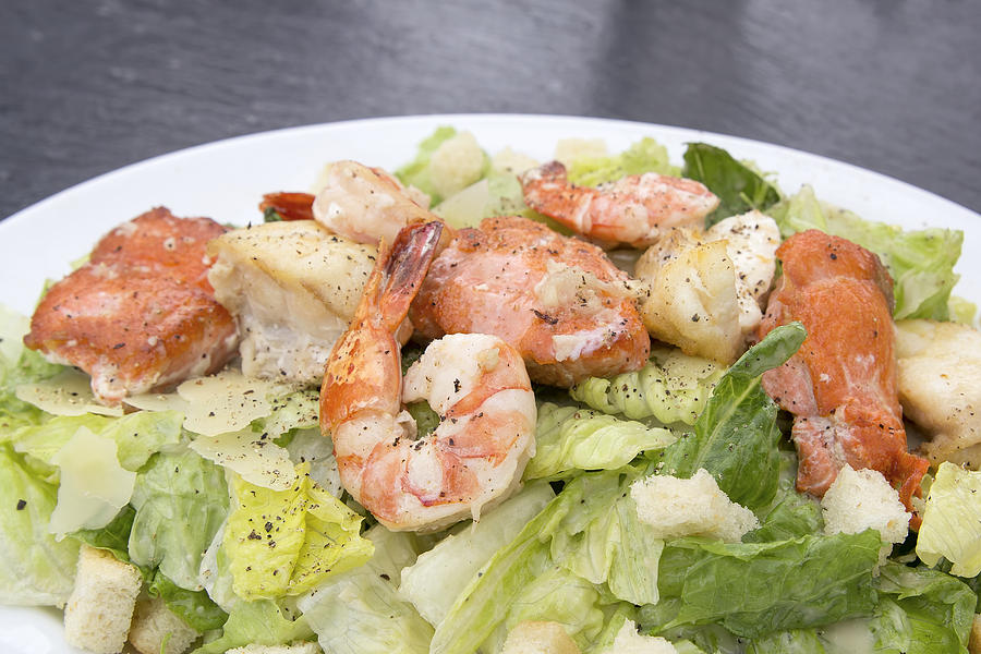 Caesar Salad with Prawns Salmon and White Fish Macro Photograph by Jit