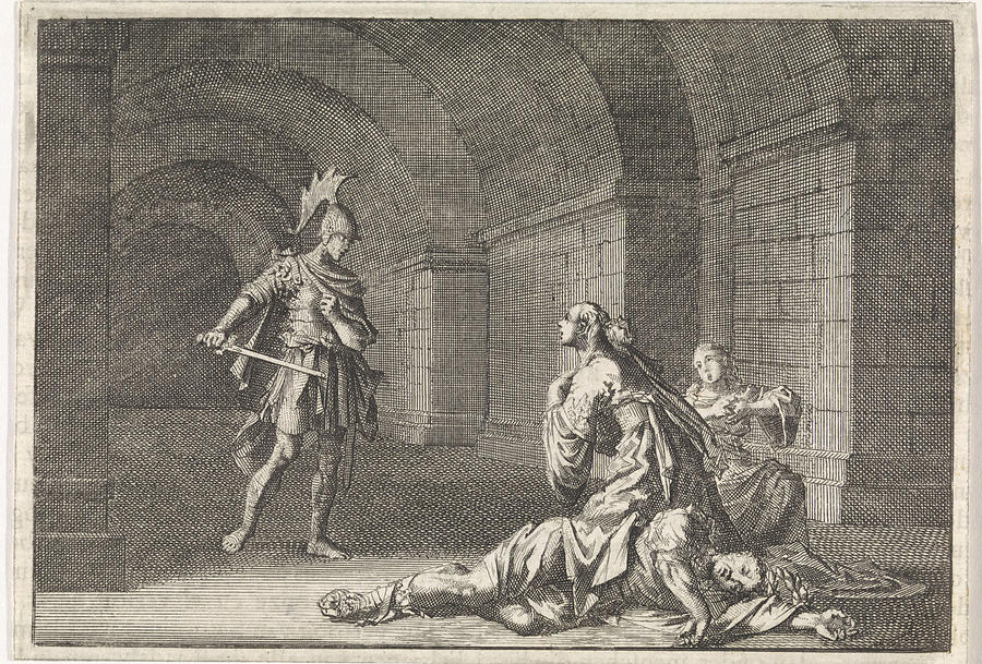 Caesonia And Her Daughter Slain By Lupus Drawing by Jan Luyken And ...