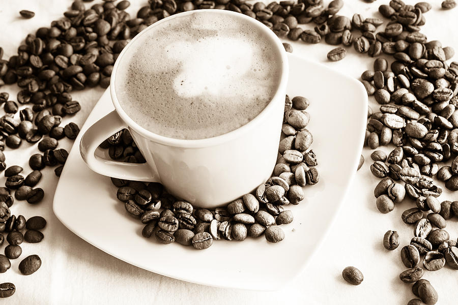 Coffee Photograph - Cafe au lait and Beans - Toned by Georgia Clare