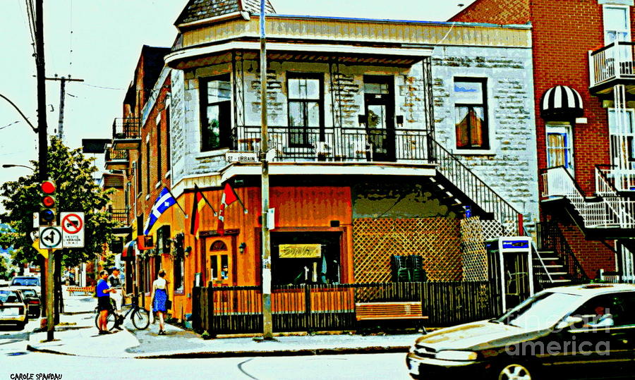 Cafe Berlin Restaurant Corner St.urbain Fleurs De Lys Flags Montreal Bistro Coffee Shop City Scene Painting by Carole Spandau
