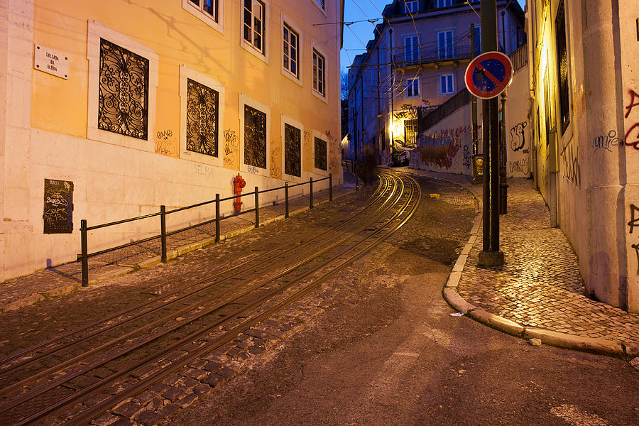 Calcada da Gloria Street at Night in Lisbon Photograph by Artur Bogacki
