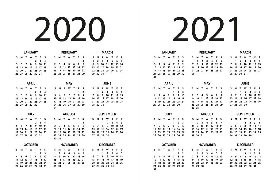 Calendar 2020 2021 - illustration. Days start from Sunday Drawing by Pop_jop