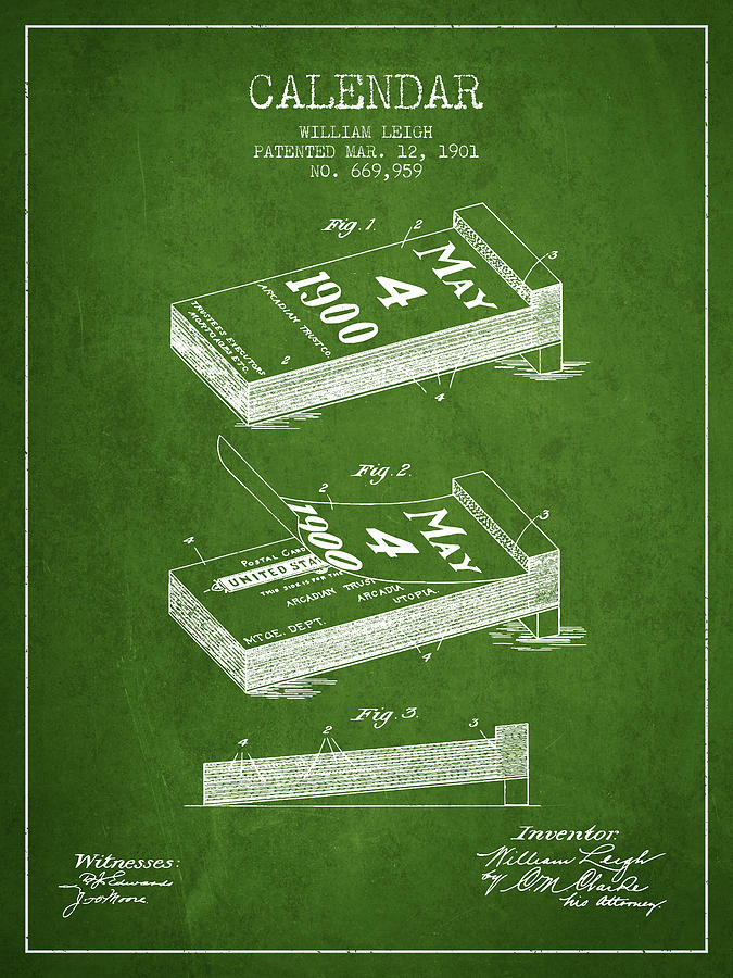 Vintage Digital Art - Calendar Patent from 1901 - Green by Aged Pixel