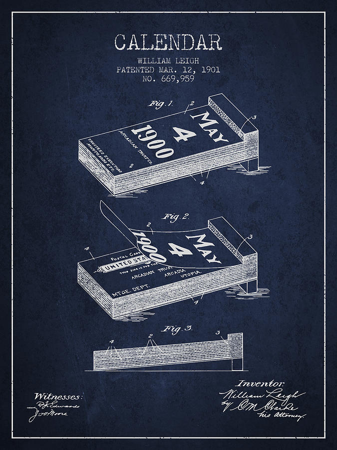 Vintage Digital Art - Calendar Patent from 1901 - Navy Blue by Aged Pixel