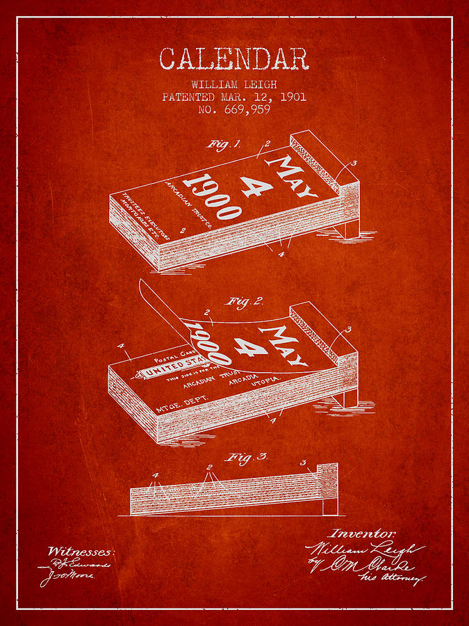 Vintage Digital Art - Calendar Patent from 1901 - Red by Aged Pixel