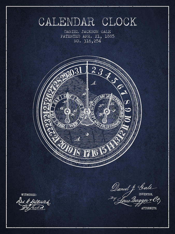 Vintage Digital Art - Calender Clock patent from 1885 - Navy Blue by Aged Pixel