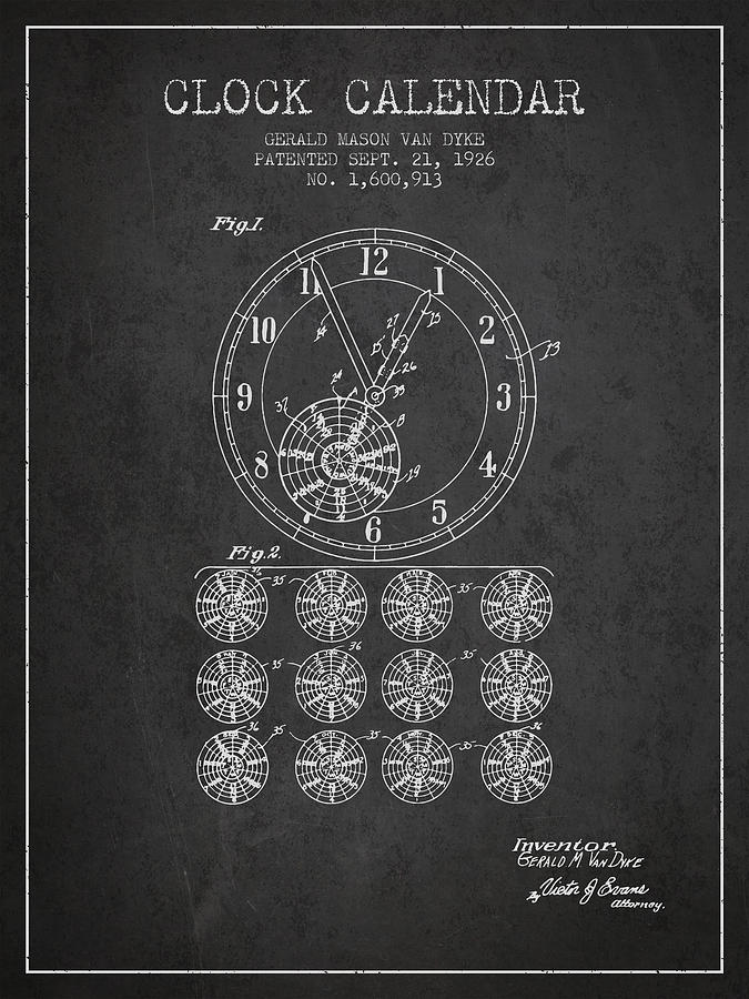 Vintage Digital Art - Calender Clock patent from 1926 - Charcoal by Aged Pixel