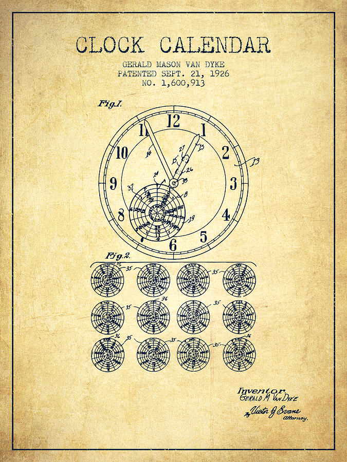 Vintage Digital Art - Calender Clock patent from 1926 - Vintage by Aged Pixel