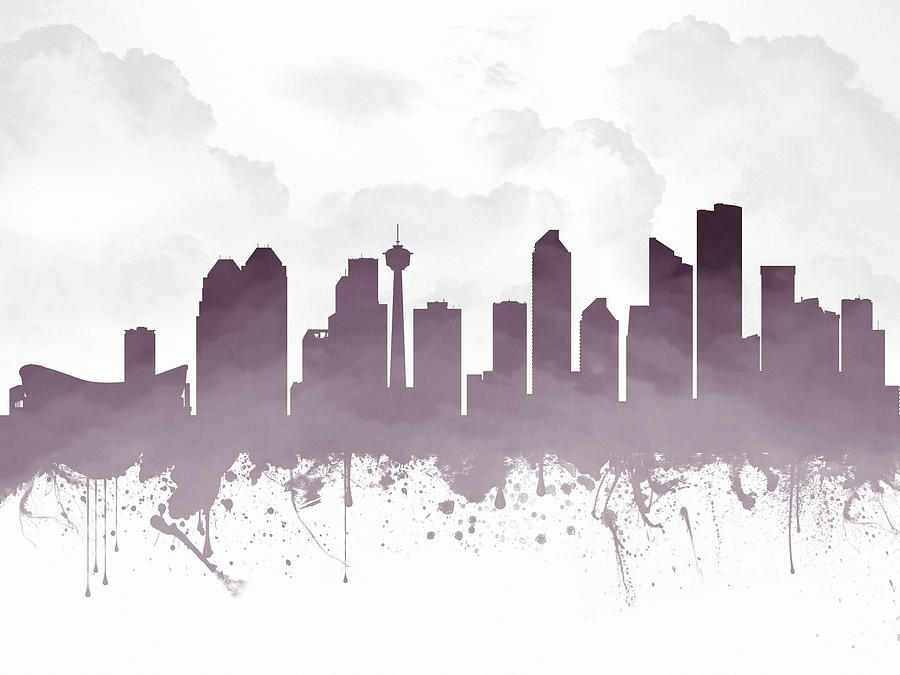 Calgary Digital Art - Calgary Alberta Skyline - Purple 03 by Aged Pixel