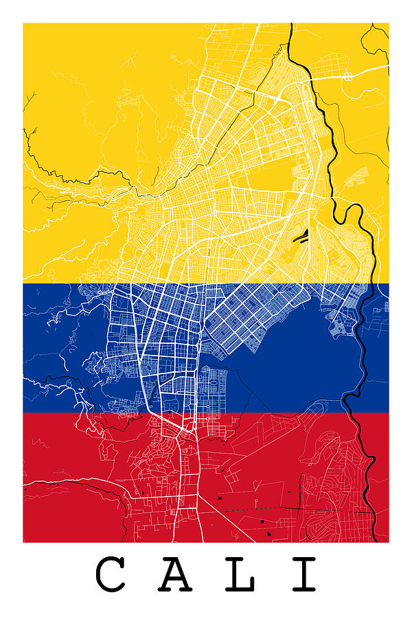Map Digital Art - Cali Street Map - Cali Colombia Road Map Art on Colombian Flag Background by Jurq Studio