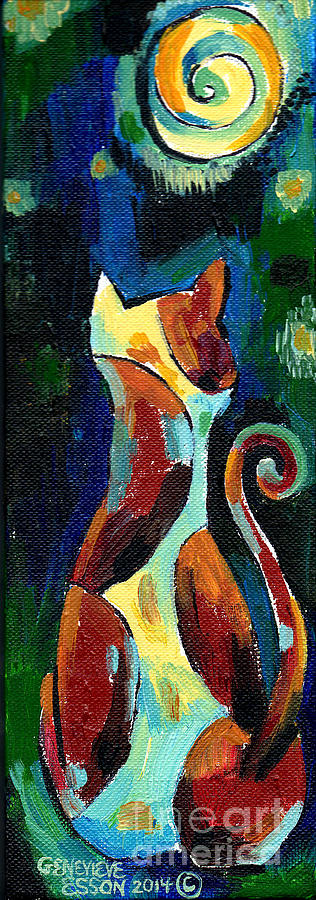 Abstract Painting - Calico Cat Abstract In Moonlight by Genevieve Esson