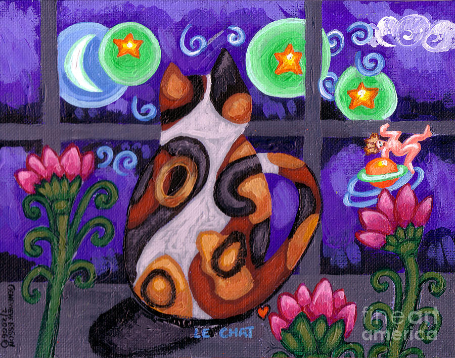 Flower Painting - Calico Cat In Moonlight by Genevieve Esson