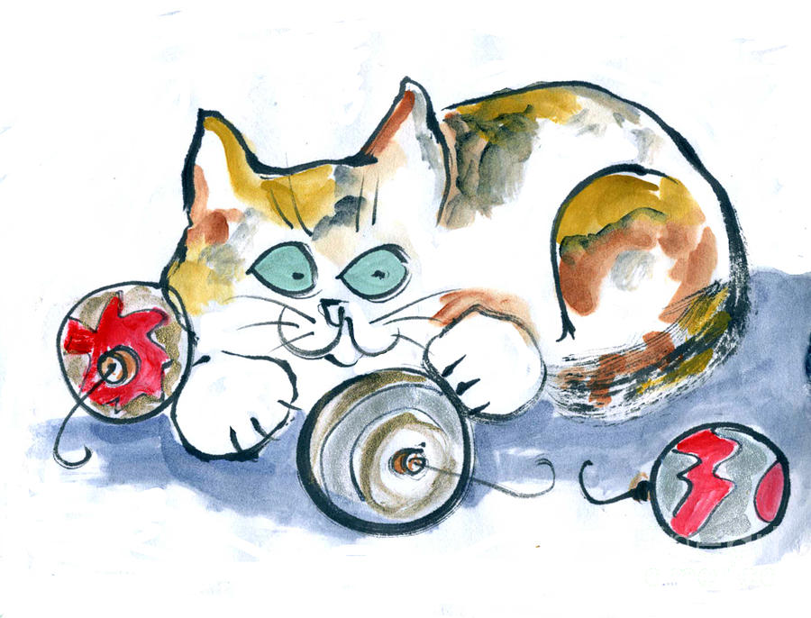 Calico Kitty with Three Ornaments Painting by Ellen Miffitt