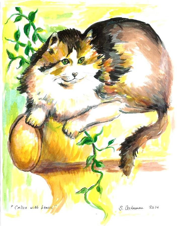 Animal Painting - Calico with Leaves by Suzanne Ackerman