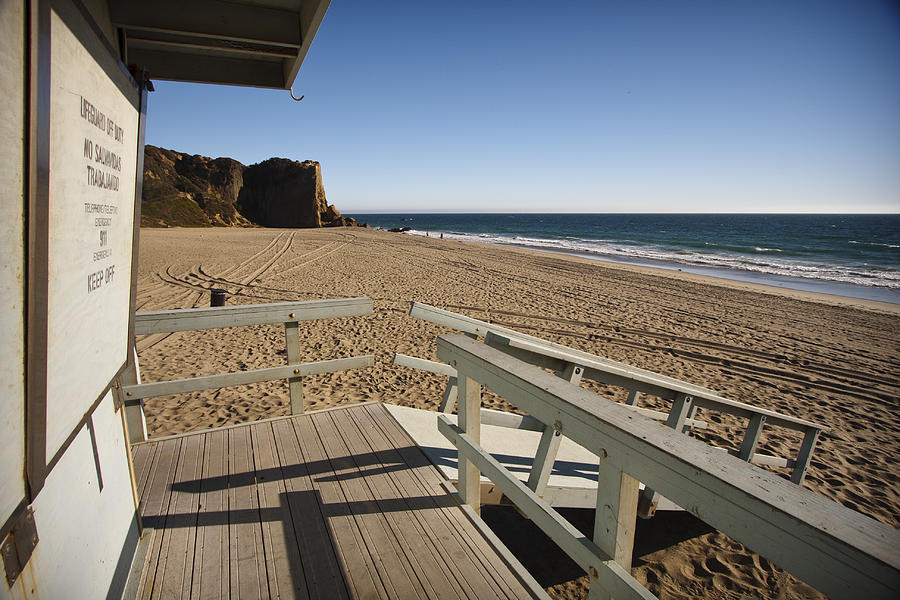 Beach Photograph - California Lifeguard shack at Zuma Beach by Adam Romanowicz