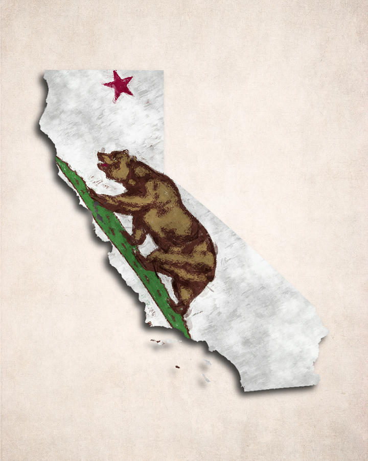 California Map Digital Art - California Map Art with Flag Design by World Art Prints And Designs