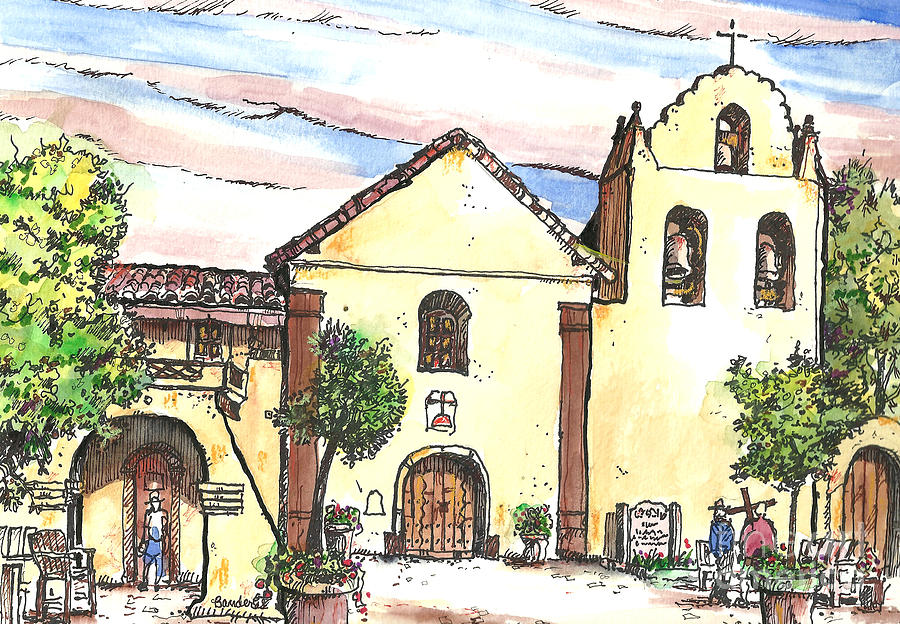 Ink Painting - California Mission-Santa Ines by Terry Banderas