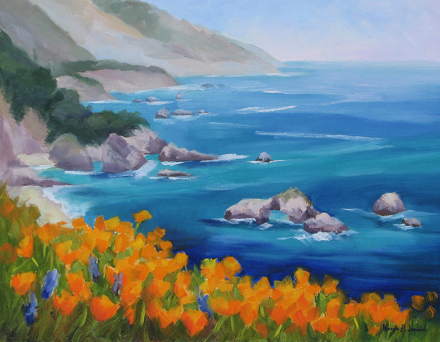 Landscape Painting - California Poppies Big Sur by Karin  Leonard