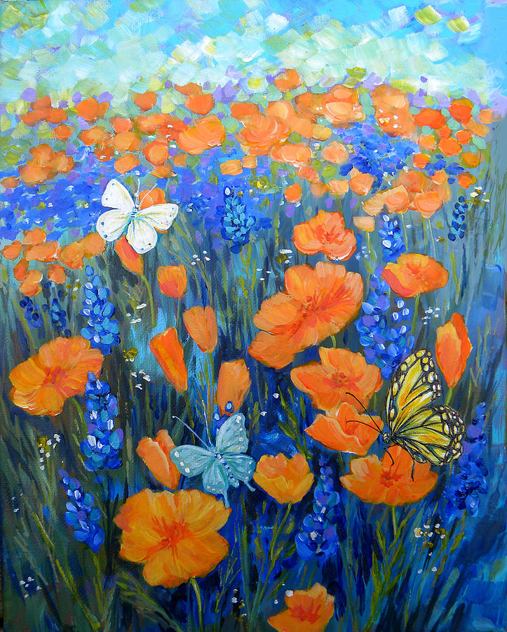 California Poppies wiith Butterlfies Painting by Peggy Wilson