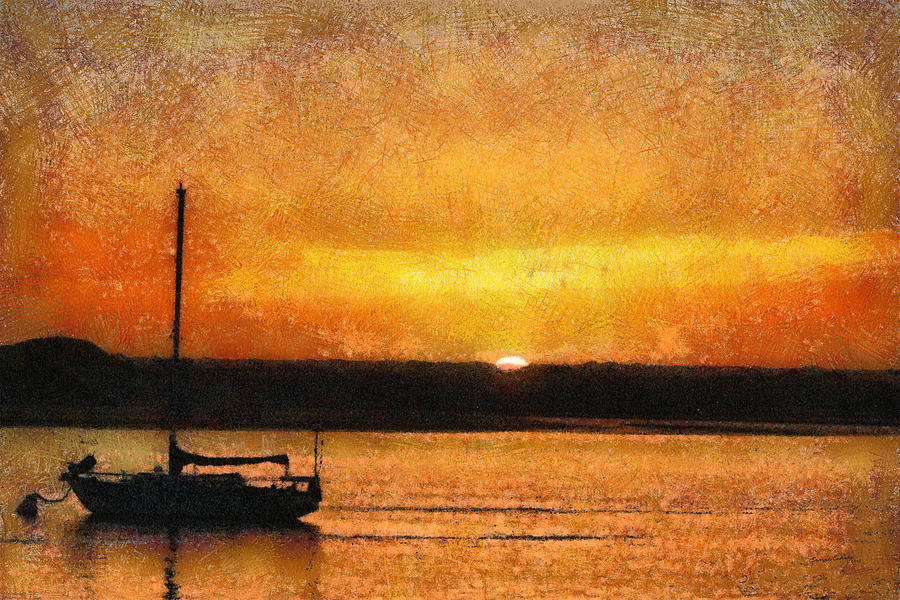 California Sunset Morro Bay Painterly Digital Art by Ernest Echols