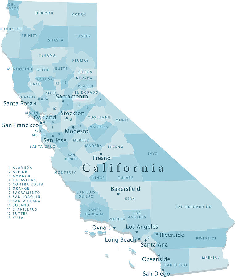 California Vector Map Regions Isolated Drawing by FrankRamspott