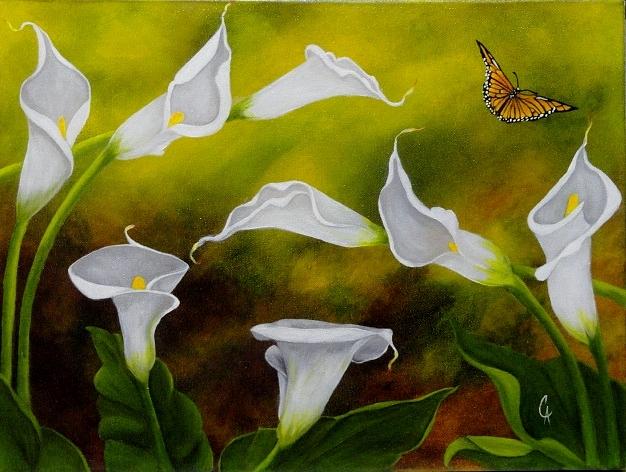 Calla Lilies and Butterfly Painting by Carol Avants