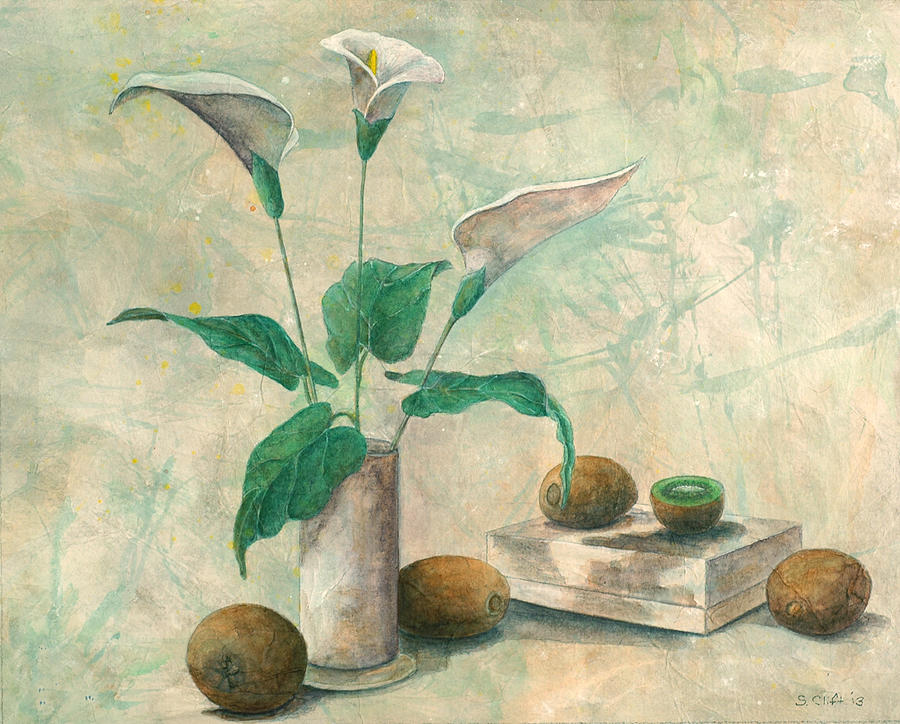 Calla Lilies and Kiwis Painting by Sandy Clift