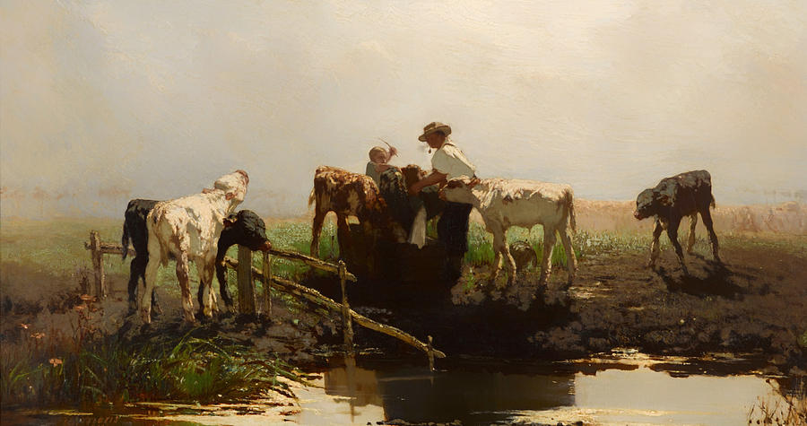 Vintage Painting - Calves at a Trough by Mountain Dreams