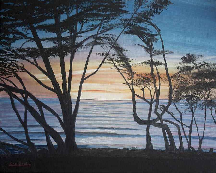 Cambria Cypress Trees at Sunset Painting by Ian Donley