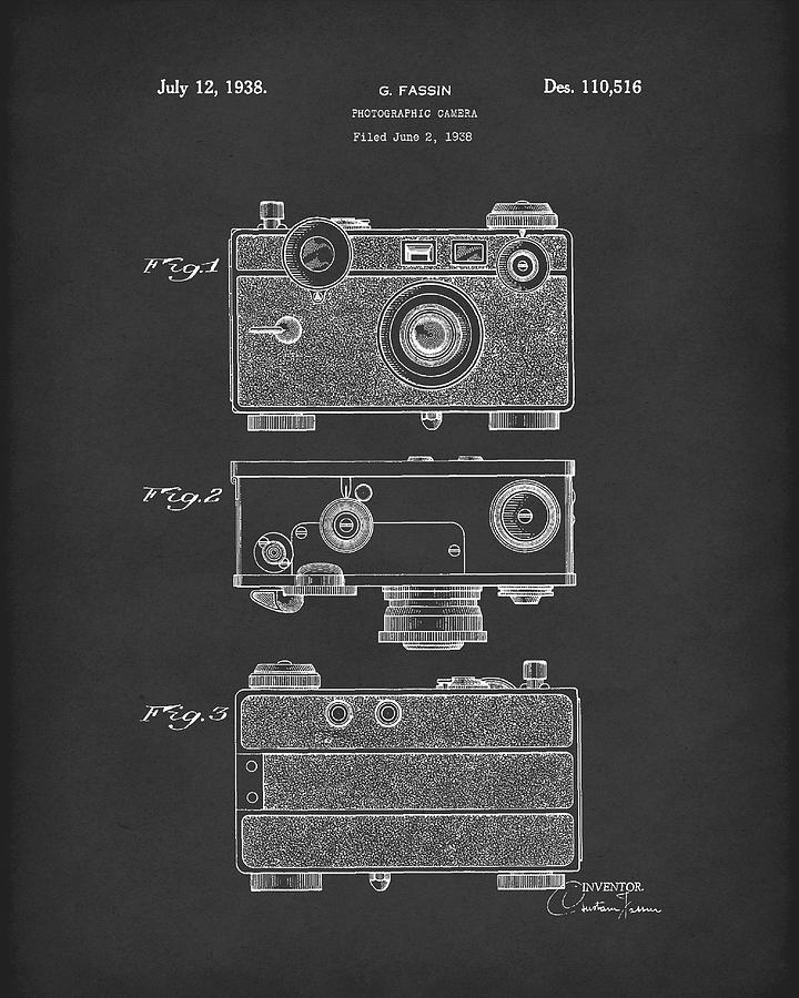 Camera 1938 Patent Art Black Drawing by Prior Art Design