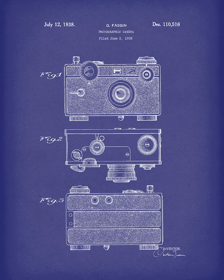 Camera 1938 Patent Art Blue Drawing by Prior Art Design