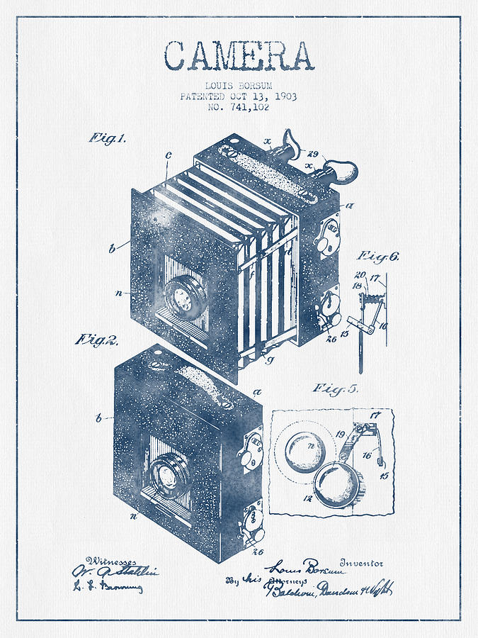 Camera Patent Drawing From 1903 - Blue Ink Digital Art
