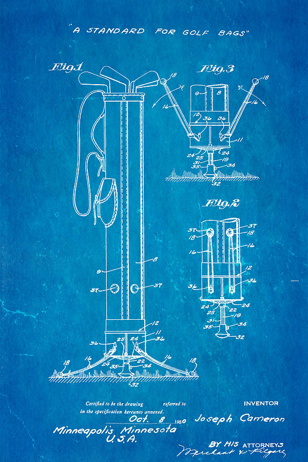 Golf Photograph - Cameron Stand Golf Bag 2 Patent Art 1930 Blueprint by Ian Monk
