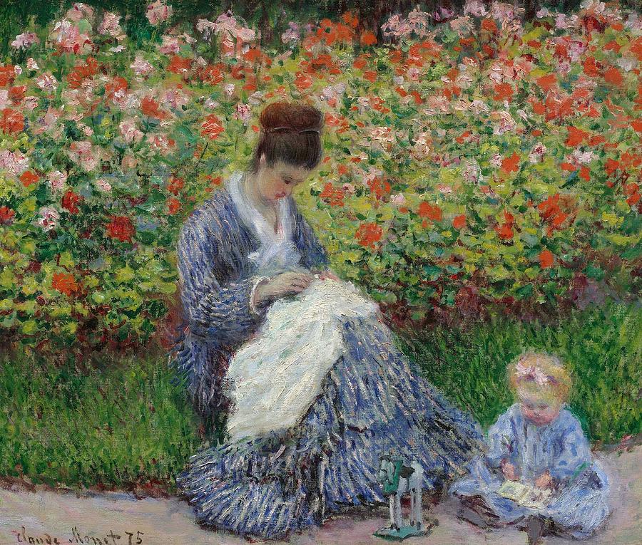 Camille Monet and a Child in the Garden at Argenteuil Painting by Claude Monet