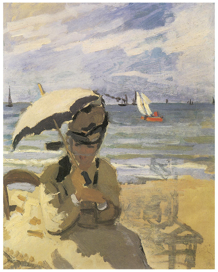 Claude Monet Painting - Camille Monet on the Beach at Trouville by Claude Monet