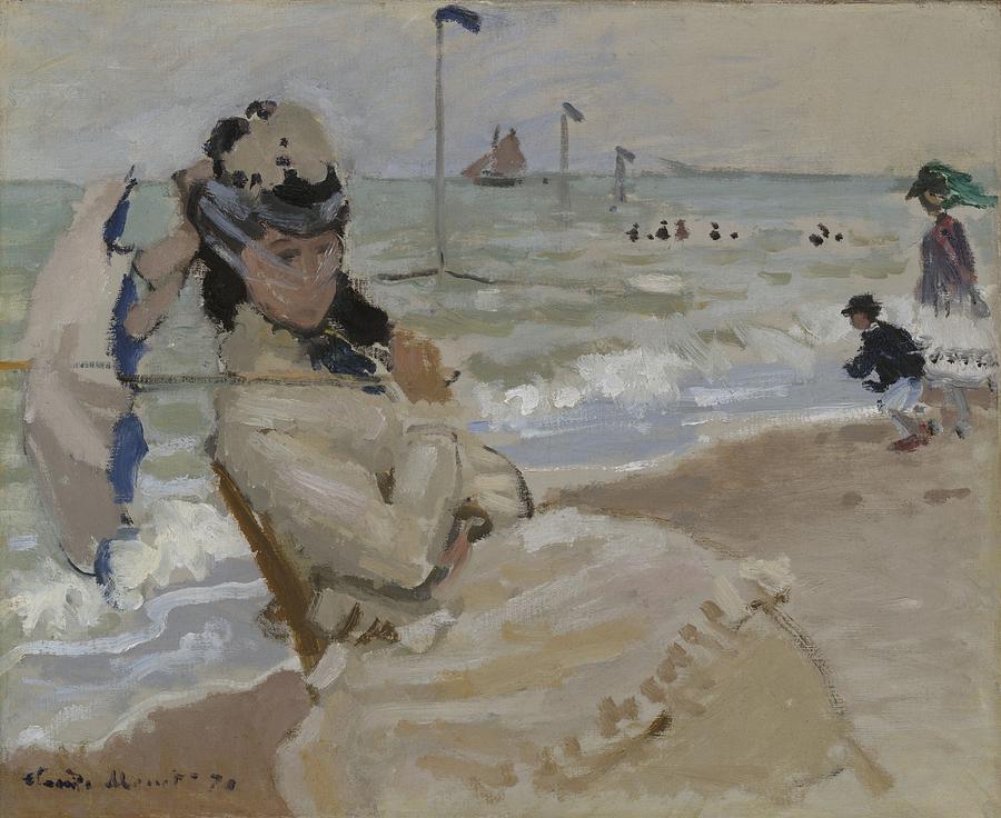 Beach Painting - Camille On The Beach In Trouville, 1870 by Claude Monet